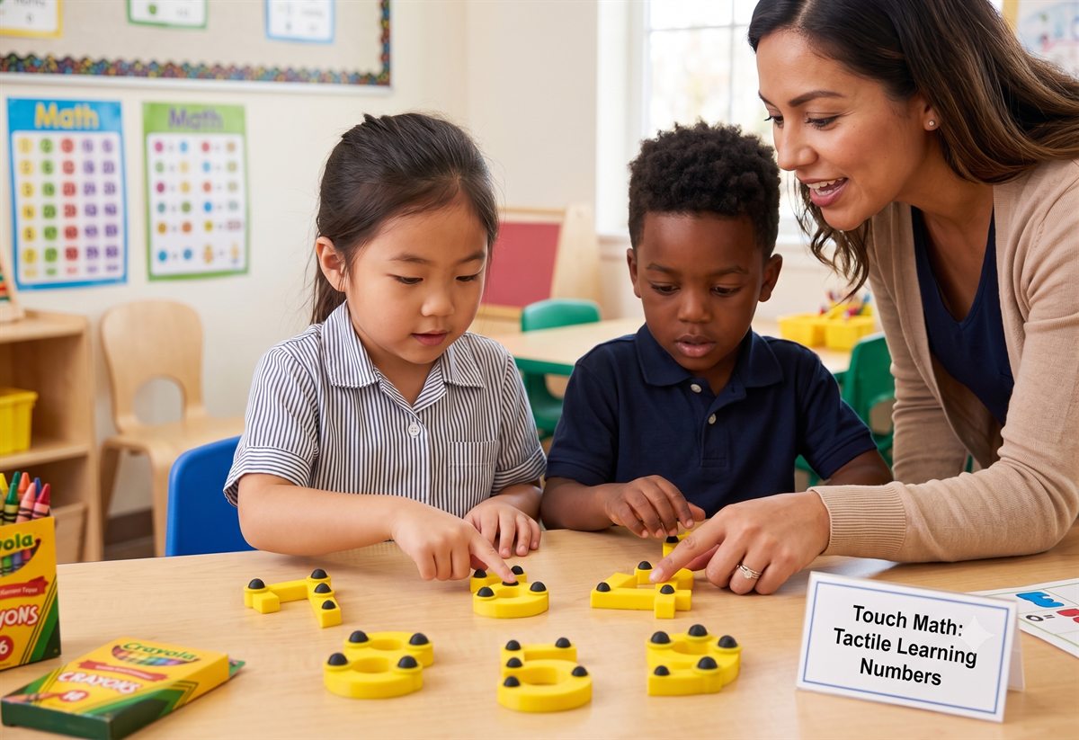 A teacher guiding two children using tactile touch-math numbers