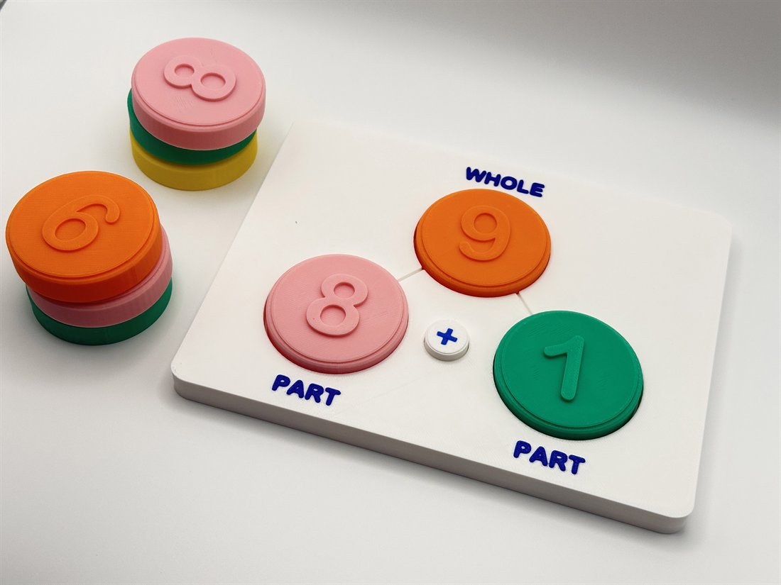 Part-part-whole number bond board with colorful number discs